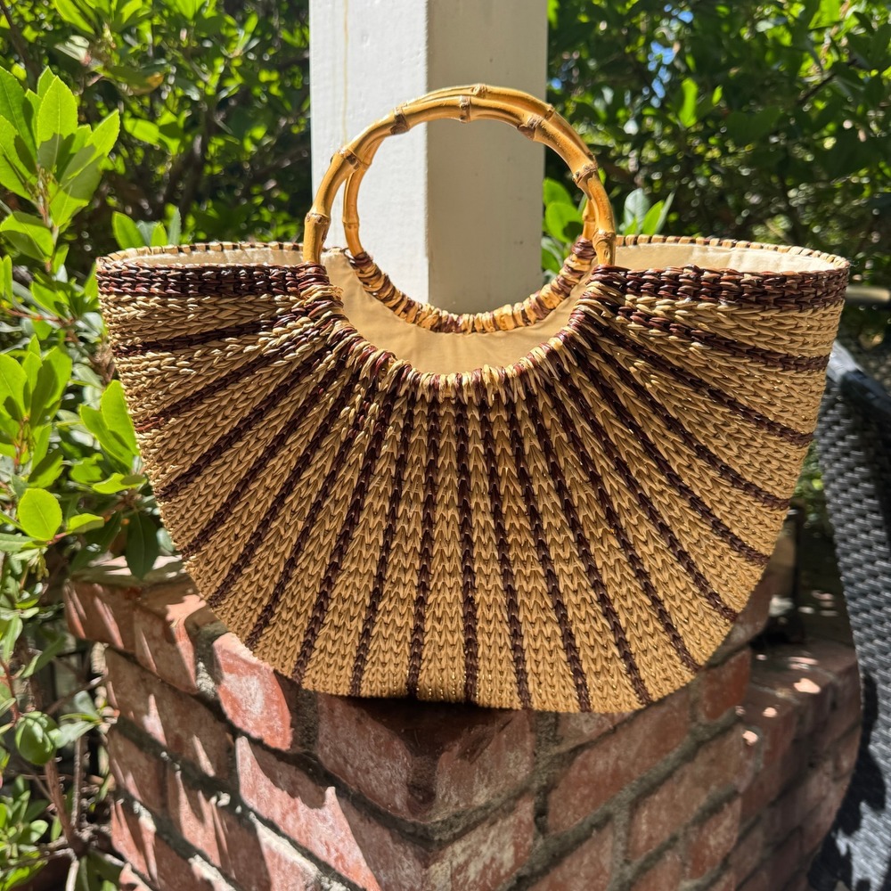 United Colors of Benetton Woven Straw Fan Tote Bag Bamboo Handles Beige Brown - Picture 4 of 8